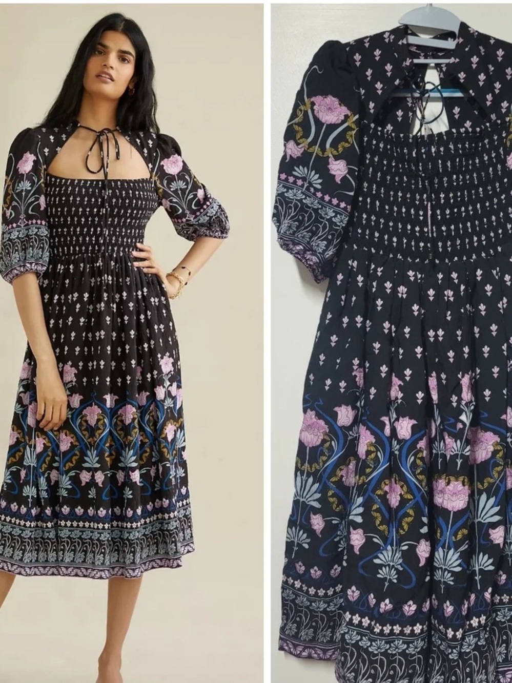 Anthropologie Black Midi Dress with Pink & Blue Floral Border